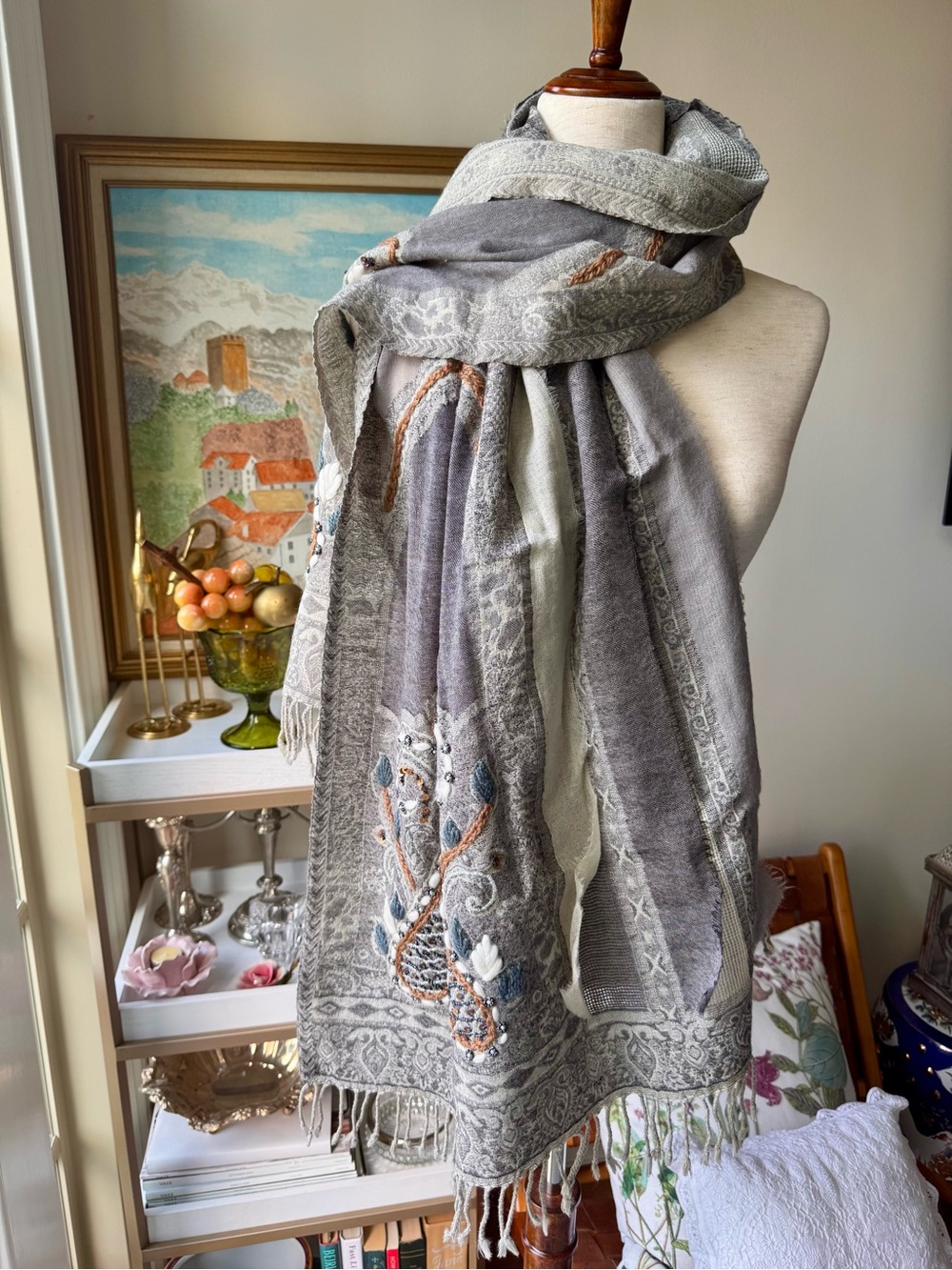 Luxury Gray Boiled Wool/ linen Shawl Wrap Artisanal Hand Embroidered and Beaded